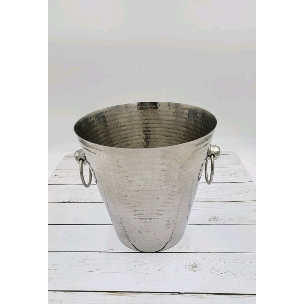 Viski Admiral Hammered Ice Bucket Silver Metal with Ring Handles - Picture 3 of 9